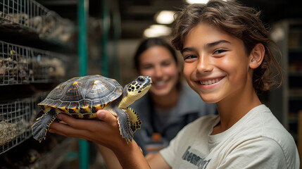 Young boy holds a tortoise while smiling alongside a caretaker in a wildlife conservation center. Refuge for homeless animals. Animal hotel. Animal shelter. With copy space