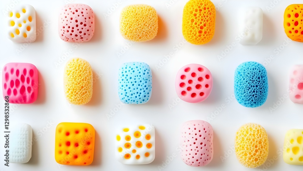 Poster a variety of colorful sponges with different textures and shapes arranged in a grid pattern on a lig