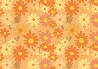 Colorful retro floral pattern, pastel background, cheerful daisies, 1960s style, seamless repeat, cute simple flowers, orange pink yellow, vintage fabric design
