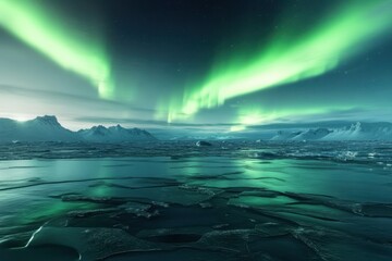 Naklejka premium Northern lights illuminate the icy landscape at night in a remote Arctic region