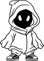 Mysterious hooded character with glowing eyes, wearing a cloak and sneakers. Black and white vector illustration, perfect for stickers, t-shirts, tattoos, posters, and gaming-related designs.