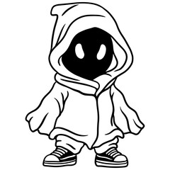 Mysterious hooded character with glowing eyes, wearing a cloak and sneakers. Black and white vector illustration, perfect for stickers, t-shirts, tattoos, posters, and gaming-related designs.