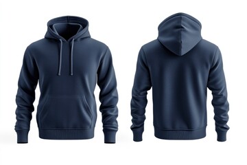 navy blue athletic hoodie, front and back view, isolated on a white background.