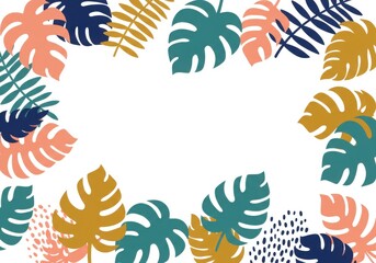 Tropical leaves pattern, colorful botanical illustration, monstera, palm fronds, ferns, hand-drawn style, pastel colors, teal, pink, mustard yellow, navy blue, coral