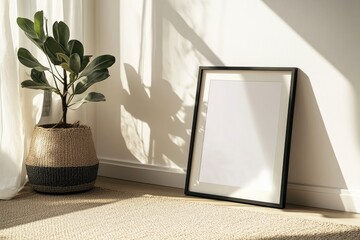 black frame mockup on the floor, leaning against an empty wall in a bright and airy room with natural light and soft shadows
