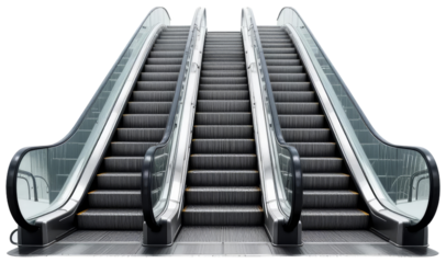 Dual escalators ascending against white backdrop, transparent background png