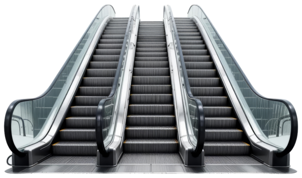 Dual escalators ascending against white backdrop, transparent background png