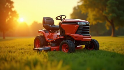 Riding lawn mower, Hyper-realistic riding lawn mower in sunlit meadow with golden hues and sharp detailing sleek design dramatic shadows vi