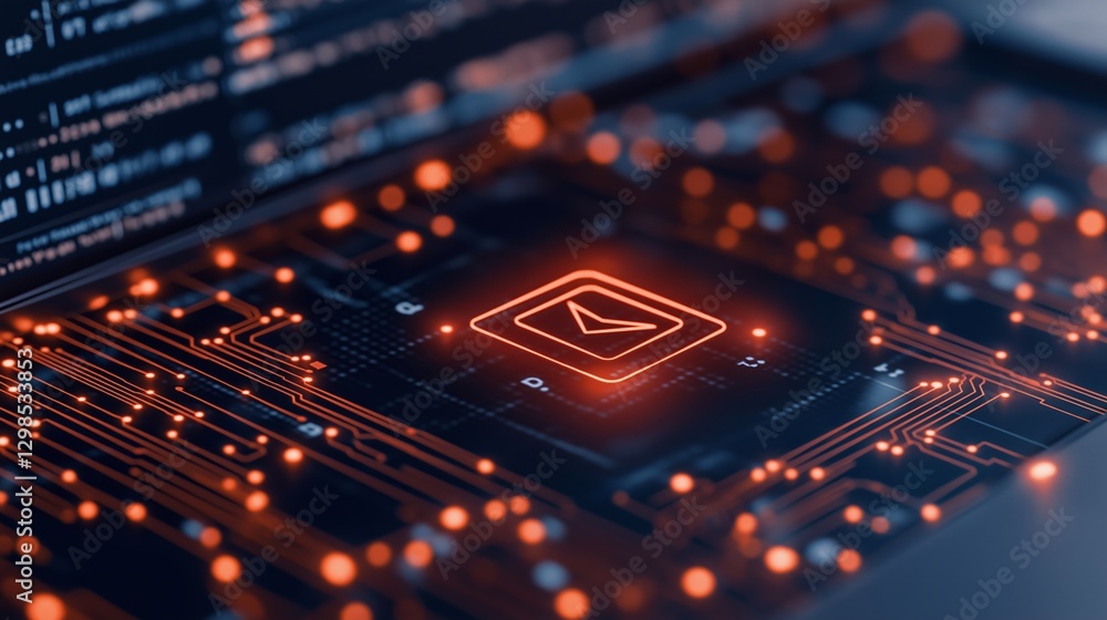 Poster digital circuit board with glowing orange icon and intricate patterns in a tech environment at night