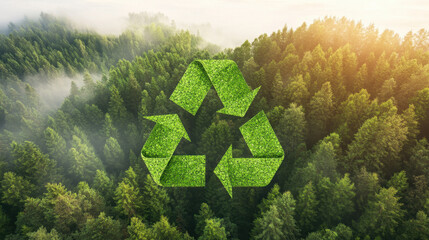 Naklejka premium Sleek green recycling symbol over dense forest, representing sustainability and environmental awareness. lush trees and sunlight create serene atmosphere