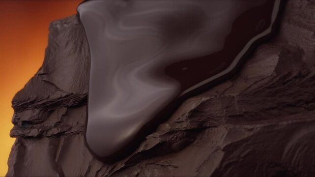 Liquid chocolate pouring over broken chunk of chocolate