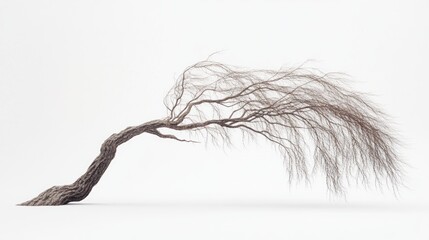 Windswept barren tree bending strongly in a storm, isolated against white background