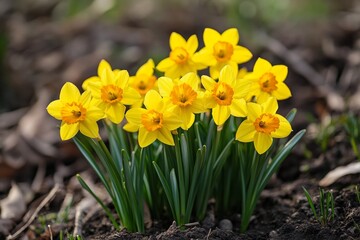 Obraz premium Bright yellow daffodils blooming in a spring garden