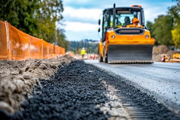 Road construction with asphalt roller and safety barriers on a highway project