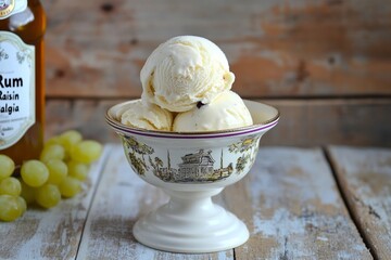 Rum raisin ice cream in ceramic bowl with grapes on rustic wooden table