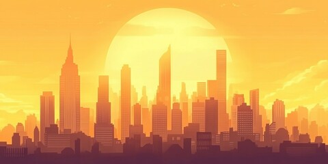 Fototapeta premium Sunset over a vibrant city skyline showcasing iconic skyscrapers and a golden horizon