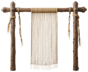 Wooden frame with rope and cord hanging, transparent background png