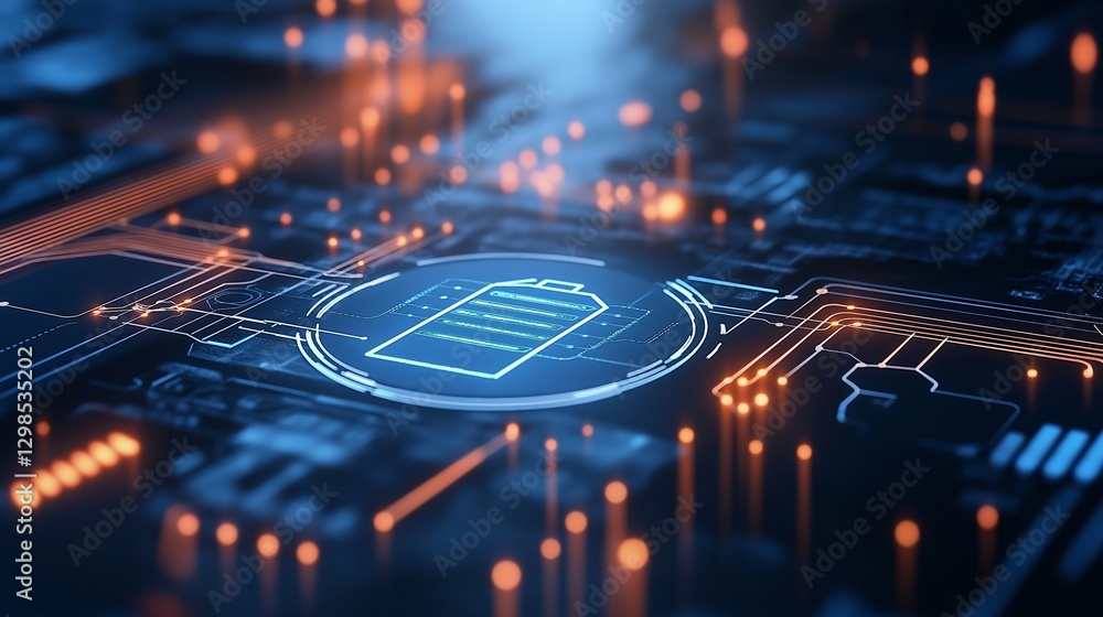 Poster high-tech battery charging circuit board illuminated with glowing connections and digital patterns d