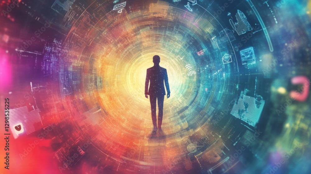 Aufkleber Person walking through a vibrant swirl of colors and digital patterns in an abstract representation of technology and innovation. Generative AI