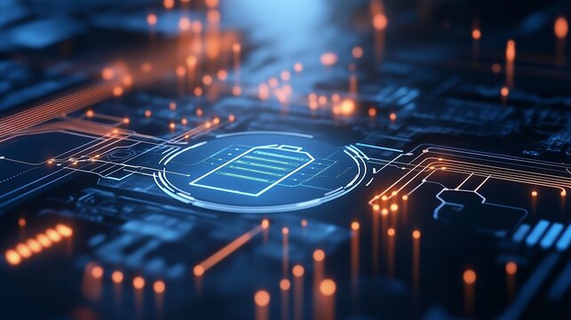 High-tech battery charging circuit board illuminated with glowing connections and digital patterns during a futuristic display - Powered by Adobe