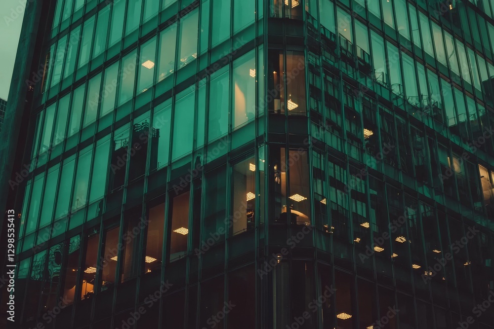 Poster the windows of an office building with artificial lamplight that has a blue color