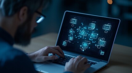Man engaged in data analysis at a desk with glowing digital interface in a dimly lit room during evening hours