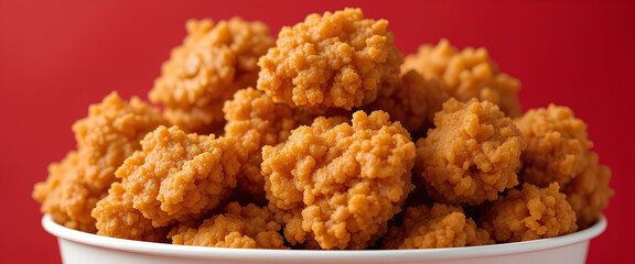 Crispy fried chicken in white bucket with golden fries on red background