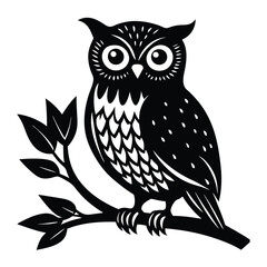 owl sitting on a branch  silhouette on white background.