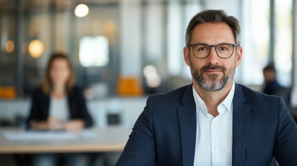 Fototapeta premium Business meeting in office setting with professional man in focus and colleague in background