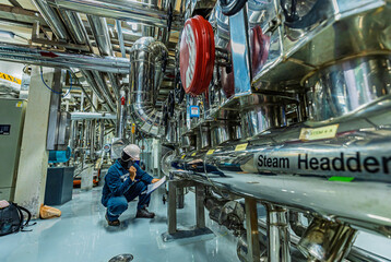 Male work inspection process stainless steel tanks and pipe with pressure meter in equipment tank facility