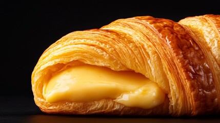 Creamy cheese melting over a warm golden croissant, indulgent texture inviting a savory experience, gourmet delight on a plate