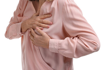 Heart attack. Senior woman suffering from pain in chest on white background, closeup