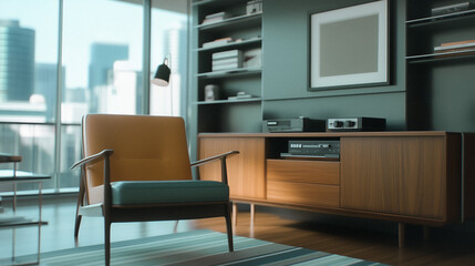 Fototapeta premium Modern Living Room: Interior shot of a contemporary living room with sleek furnishings, abundant natural light, and a city view, creating a sense of spaciousness and sophistication.