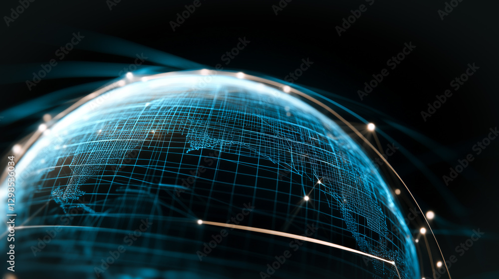 Poster global network: a digital representation of the globe interconnected with glowing lines, symbolizing