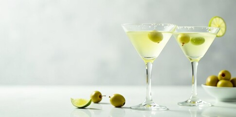 Perfectly chilled martinis, green olives, condensation, elegant glassware, pristine white backdrop, background, spirit drink, condensation