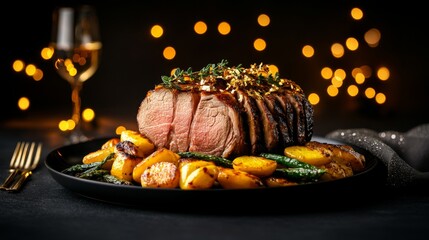 Festive Holiday Feast, Close-up of a traditional roast with garnished vegetables on a decorated dinner plate, surrounded by sparkling decor