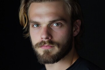 Obraz premium Young caucasian male with beard and long hair in dark background