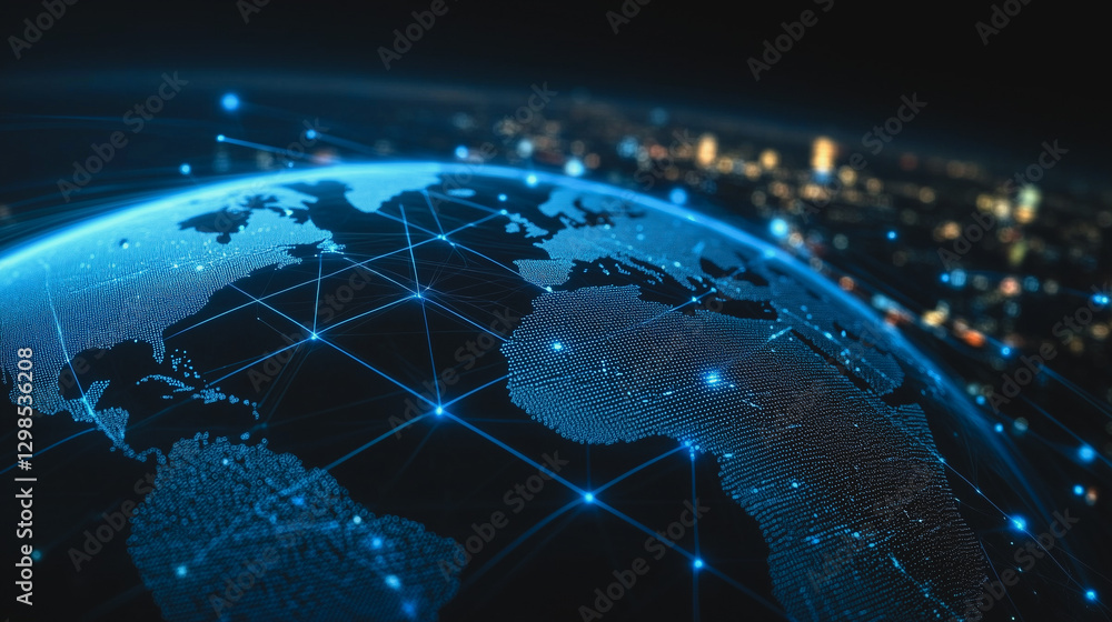 Poster global network connections: a captivating view of the earth overlaid with a digital network, emphasi