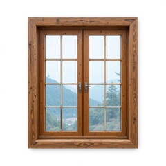 Wooden framed window with distant landscape view