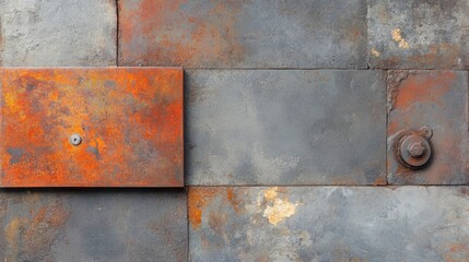 A close-up of a textured, rusted metal wall featuring orange and gray tones, suitable for industrial design projects, backgrounds, or any creative work emphasizing texture and vintage aesthetics,