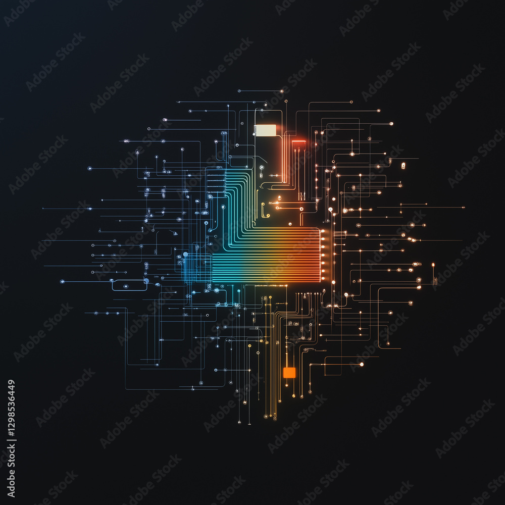 Poster digital network: a glowing illustration of interconnected lines and circuits forming a complex netwo