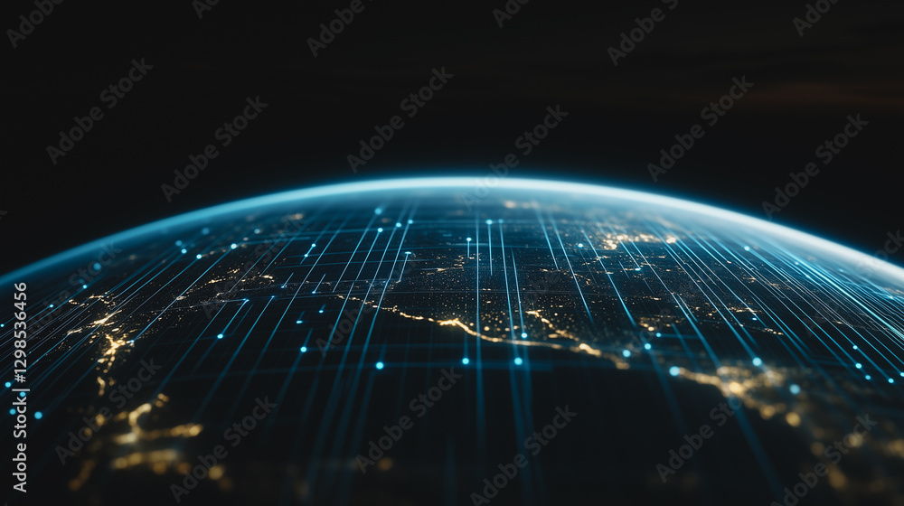 Poster global connectivity: a captivating image showcasing the earth enveloped in a network of glowing line