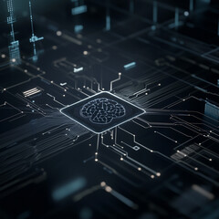 AI Brain: Futuristic Illustration of a central processing unit (CPU) with an illuminated brain symbol, symbolizing artificial intelligence and technological innovation.