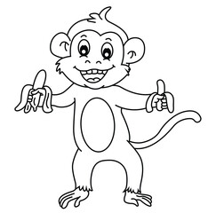 Cute cartoon hand drawn vector monkey eats banana coloring page.