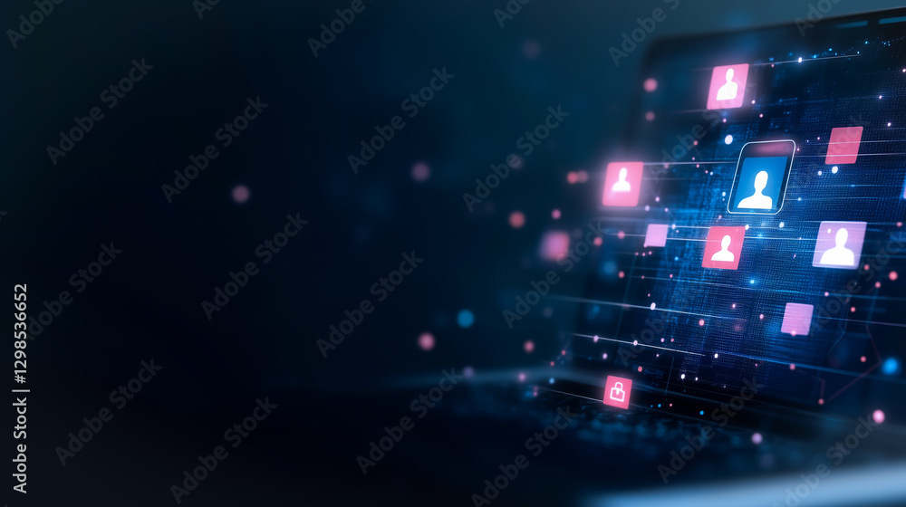 Poster digital connection: abstract laptop screen displaying network icons, person icons, and connected dot