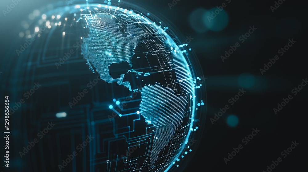 Poster global network connection: a luminous digital globe pulses with intricate network connections, symbo