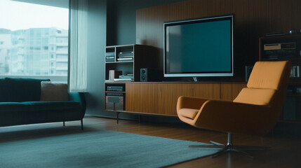 Modern Living Room with Large TV: A stylish modern living room, showcasing a large flat screen TV mounted on a wall unit, accompanied by a comfortable mustard yellow armchair and a sleek blue sofa.
