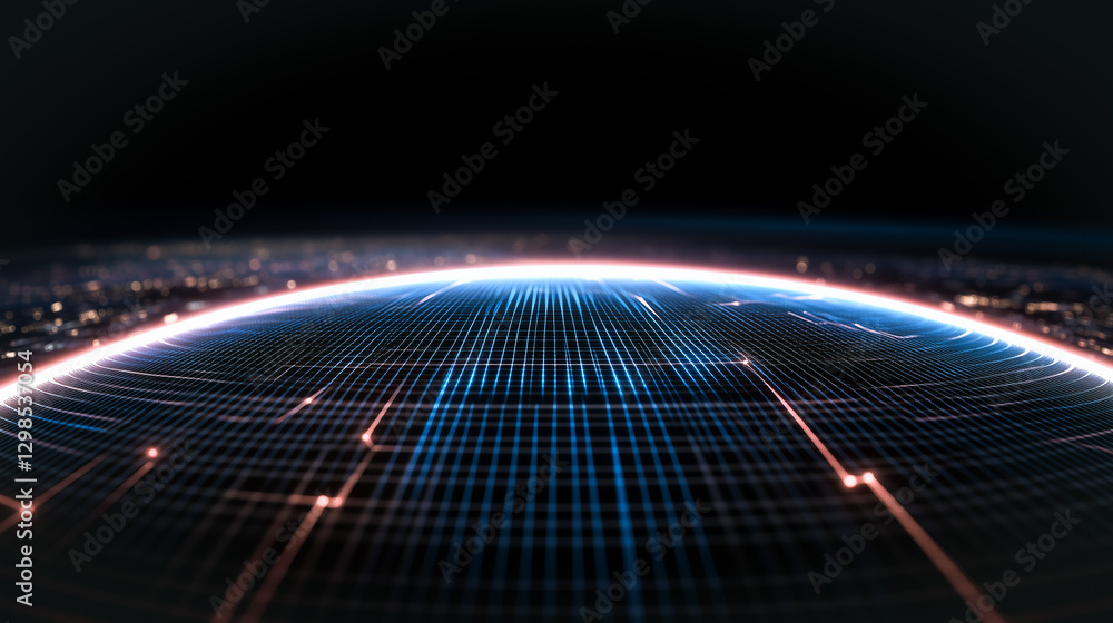 Poster global tech network: digital circuits illuminate the earth, representing interconnected systems and 