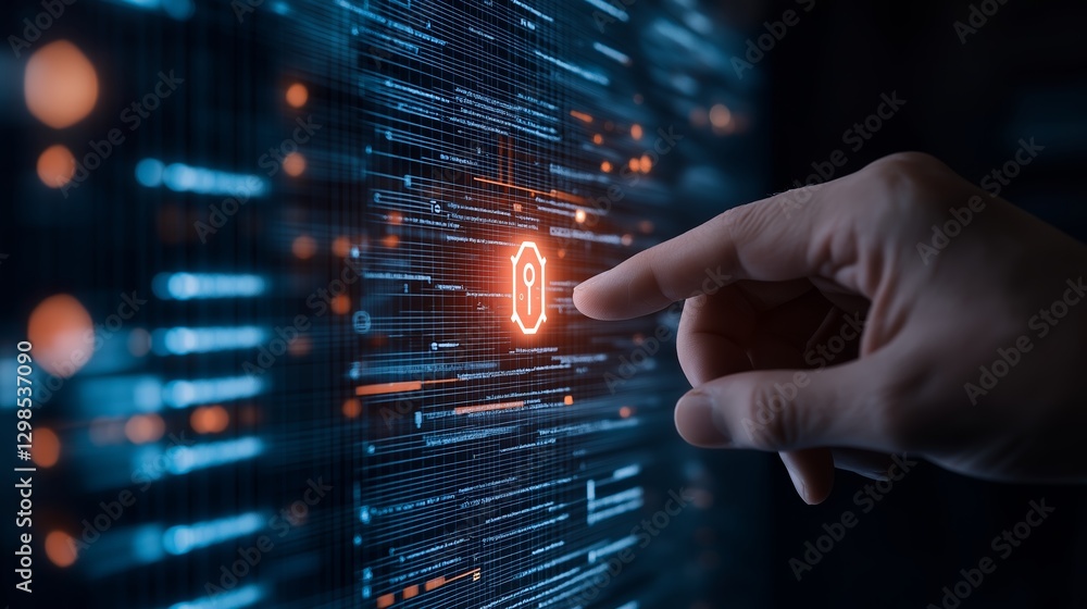 Poster hand interacts with digital cyber security interface displaying data encryption and protection symbo