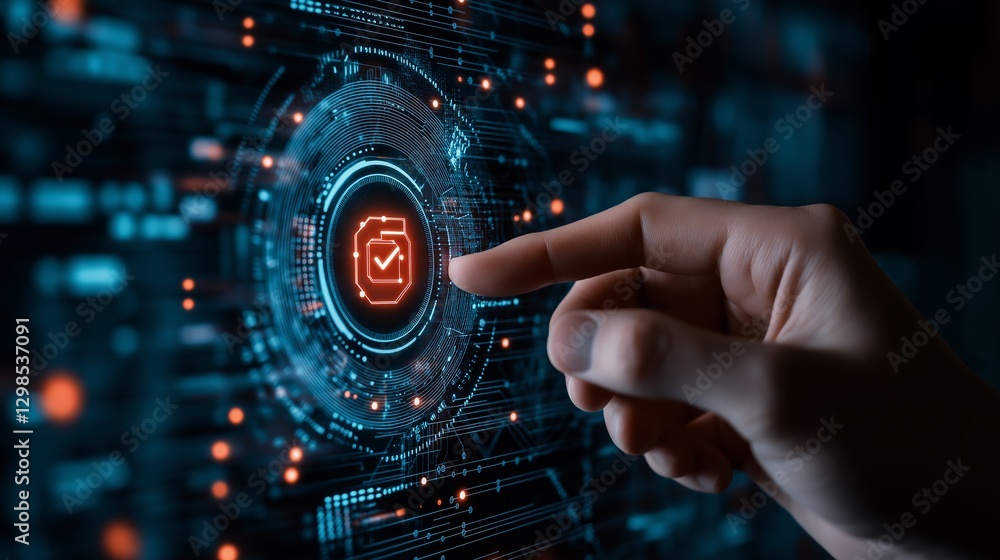 Poster touching a digital interface with glowing elements showcasing advanced technology
